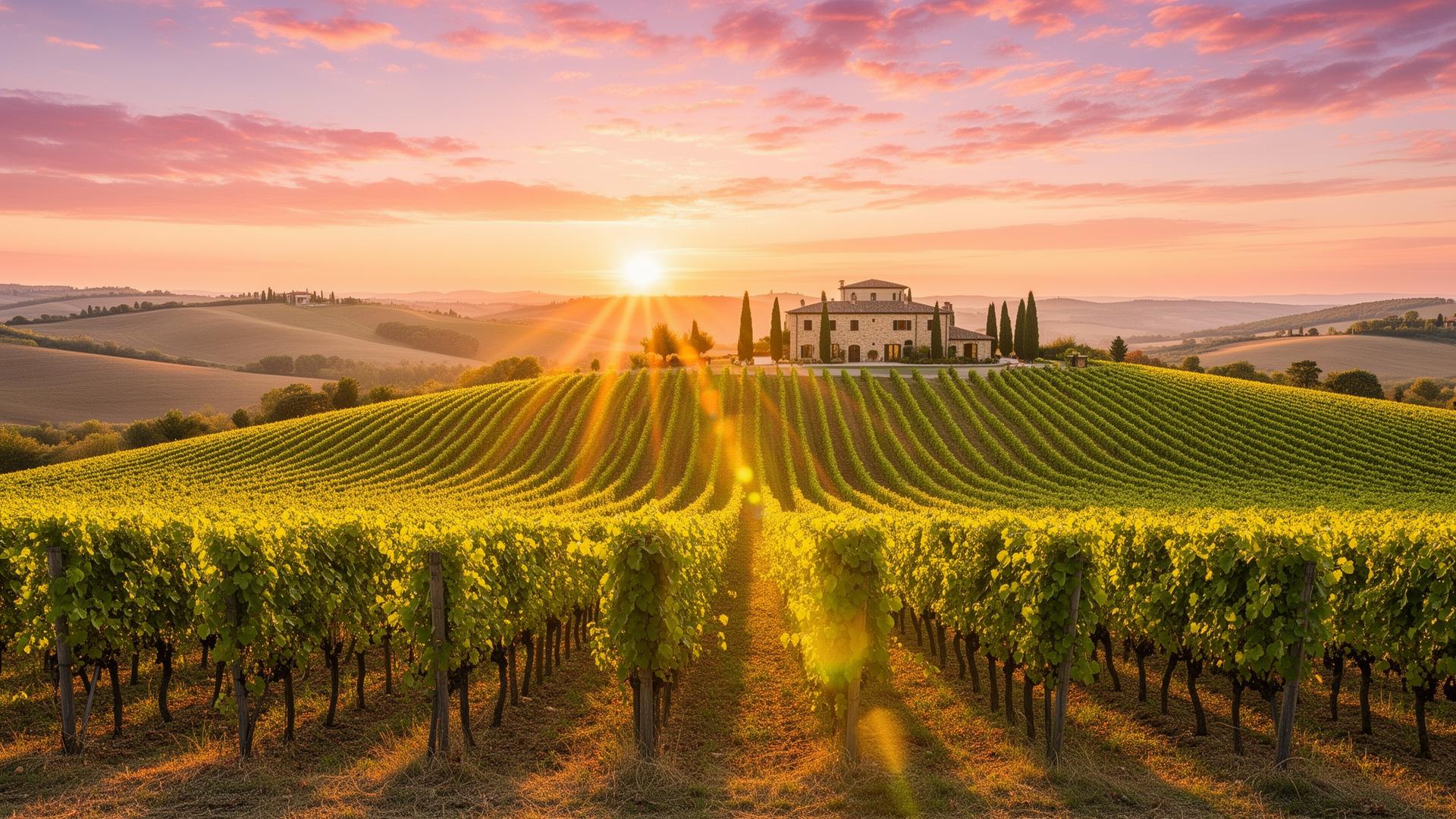 Tuscan vineyard at sunset